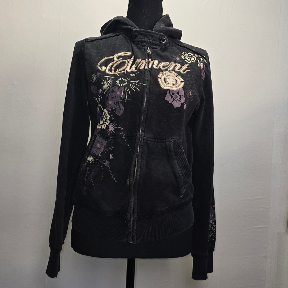 Element Womens Hoodie Medium Black Floral Graphic Zip Up Skatewear Y2K distress